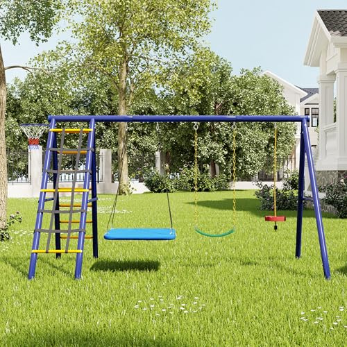 Ensemble de balançoires d'extérieur – 3 balançoires + portique + panier de basket, combinaison de balançoires d'extérieur, balançoire suspendue, balançoire à ceinture