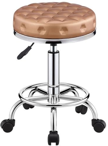 Rollbarer Thekenhocker mit Rädern, Kleiner Bürostuhl aus PU-Leder mit Fußstütze, Barstuhl, Bar Chair, Vielseitig Verstellbarer Drehhocker, Einfache Montage, für Salon(Gold)