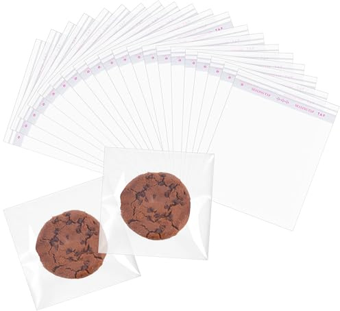 Miraclekoo 5x5 Inch Cookie Bags with Seal,Self Sealing Cellophane Treat Bag,Clear Plastic Sleeves,Gift Giving Packaging (100)