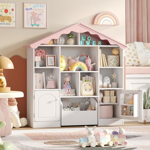 Vabches 42.9'' House-Shaped Kids Bookshelf with Pink Wavy Roof, Toy Storage Organizer with Movable Drawer and 9 Storage Cubbies, Multifunctional Storage Cabinet Toy Shelf for Bedroom Nursery Playroom