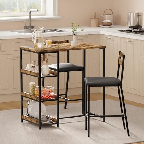 Thaookte Bartisch Set 3-Teilig Bartisch Mit Barhocker Set Küchentisch Mit Stühlen Für Küche, Esszimmer, Bistro, Esstisch Und 2 Stühle Mit Rückenlehne Und Polsterung