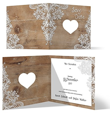 Lasergeschnittene Save the Date Karten (20 Stück) - Rustikal mit weißer Spitze - Hochzeitskarten