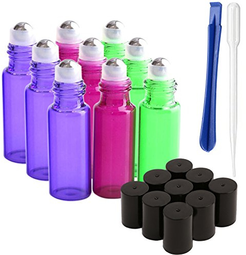 JamHooDirect 9Pcs, 5ml Multicolored Glass Essential Oils Roller Bottles with Stainless Steel Roller Ball - Refillable with Lid Opener, Great for Aromatherapy, Perfumes and Lip Balms