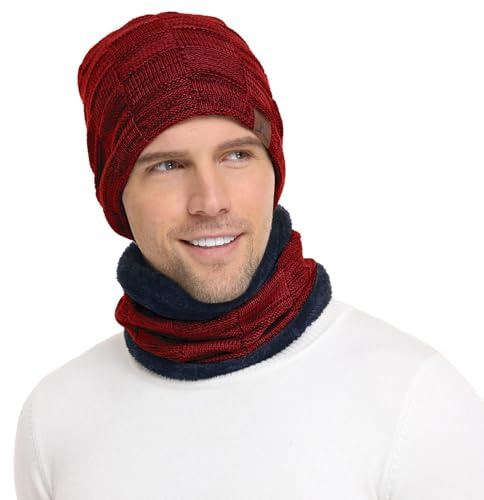 Bequemer Laden Winter Beanie Mütze Herren Loop Schal Warm Set Gefütterte | 2 Stück Thermo Wintermütze Herren Schlauchschal Set Doppellagige Strickmütze Rundschal Winterschal Männer Geschenke
