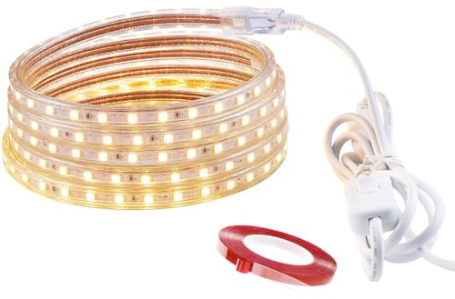 LONCWO LED Streifen 4m, IP65 Wasserdicht LED Lichtband LED Strip mit Schalter und Stecker 220V 230V Lichtleiste, Warmweiss, 4M