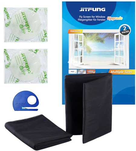 JIT-FUNG DIY Fly Screen for Windows, 2 Packs of Mosquito Net Insect Mesh 180x155CM with 2 Rolls [UPGARDE] Self-Adhesive Tapes & Cutter, Black (Honeycomb, Set of 2)