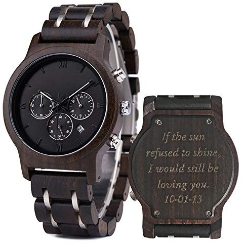 LMWOOD Holzuhr für Männer Herren Uhren Persönliche Armbanduhr Holz mit Gravur Ebenholzuhr mit Kalenderfenster Geschenk für Ehemann, 45mm