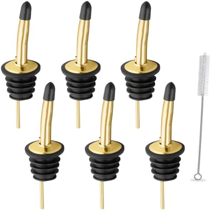 WAFJAMF 6 Pcs Liquor Pour Spouts Set, Stainless Steel Liquor Bottle Pourers with Rubber Dust Caps, for Pours Liquid, Olive Oil, Wine, Vinegar (Gold)