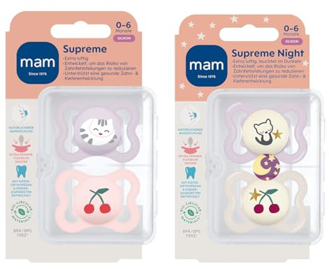 MAM Dental Schnuller Supreme, 0-6 Monate, 4er Set, SkinSoft Silikon, haut- und zahnfreundlicher Schnuller,