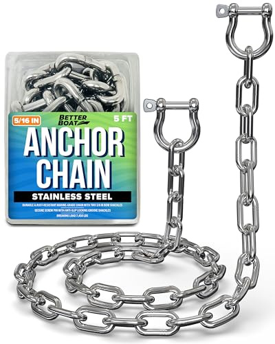 Stainless Steel Anchor Chain, Marine Grade Boat Accessories with Double Shackle Link Ends, 5 Ft Length, 5/16 Width for Boats