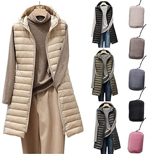 HHMY Steppweste Für Damen: Leichter Steppmantel Winter Ultraleicht Daunenweste Mit Kapuze Leichte Stepjacke Lange Elegant Daunenjacke Warme Übergangsjacke