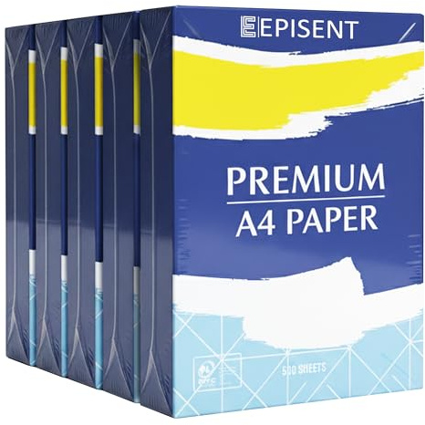 EPISENT A4 White Paper Sheets - 80gsm Bright White, Stronger, Sharper & Acid Free - Office Printer, Copier and Multifunction Laser Inkjet Compatible - 500 Sheets per Ream (A4 1 Ream X 5)