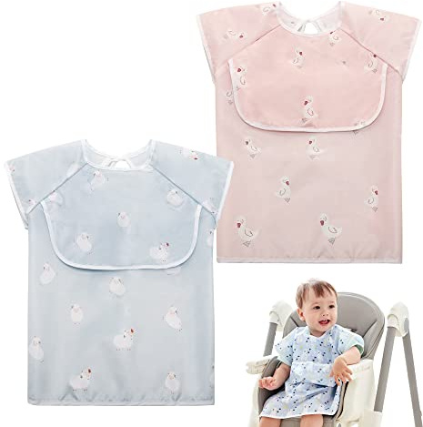 Little Dimsum Baby Lätzchen mit Kurzen Ärmeln 2 Stück, Wasserdichte Lätzchen mit Auffangtasche für Babys und Kleinkinder Kinder von 6-36 Monate
