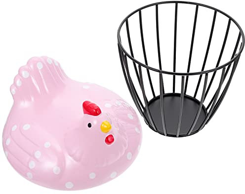 DOITOOL Keramik- Hühner- Eierkorb Eisen Mesh Draht Eier Vorkorb Henne Ei Korb Gemüse Behälter Bauernhaus Dekorationen (Rosa)