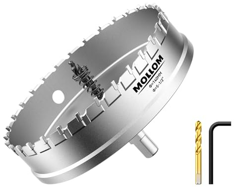 Mollom 5-1/2 (140mm) Scie à trou carbure 2 mèches pilotes incluses | Coupe-trous qualité industrielle pour acier inoxydable, acier doux, fer, cuivre, laiton, aluminium, plastique