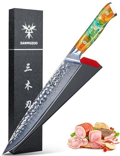 SANMUZUO Couteaux à jambon, Couteau Poisson de Cuisine - lame martelée en acier Damas de 23cm et manche en résine - Série Yao