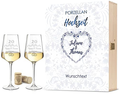 GRAVURZEILE Leonardo Weingläser mit Gravur - Porzellan Hochzeit Design - Personalisiert mit Namen & Datum inkl. Holzkiste - Geschenk zur Hochzeit Verlobung Jahrestag Farbe Große Kiste UV