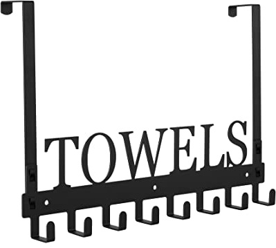 Azmoncy Over The Door Hooks, Towel Rack for Bathroom Towel Holder for Hanging Heavy Duty, Wall Mount Towel Hanger with 8 Hooks for Bedroom Bathroom Pool Kitchen Towels, Bag, Coats, Black