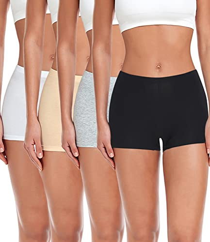 wirarpa Boxer Femme Shorty Femmes Panty Coton Short Caleçon avec Entrejambe Large Coton Lot de 4 Noir/Gris Chiné/Blanc/Nude Taille L