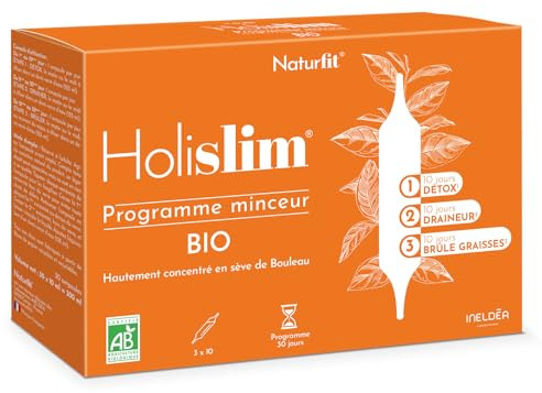 NATURFIT - Holislim® - Programme silhouette BIO - Complément alimentaire aux plantes - Sève de Bouleau, Pissenlit, Thé vert, Guarana - Aider à drainer, détoxifier et brûler les graisses - 30 ampoules