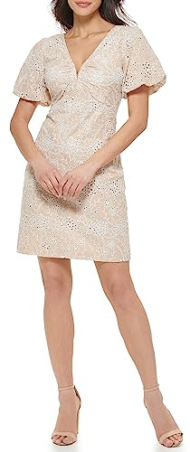 GUESS Women's Short Eyelet Puff Sleeve Sheath Dress, Khaki/White, 6
