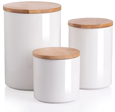 Sweejar Ceramic canisters for kitchen counter,Stackable Food Containers Set with Airtight Seal Bamboo Lid for Serving Ground Coffee, Tea, Spice, Flour and Sugar-Set of 3 (White)
