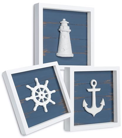 TideAndTales 3D Nautical Wall Decor (Famed Set of 3) Anchor, Lighthouse and Ship Wheel - Rustic Beach Bathroom Coastal Theme Home Decorations - Nautical Gifts, Classic Blue 7x7