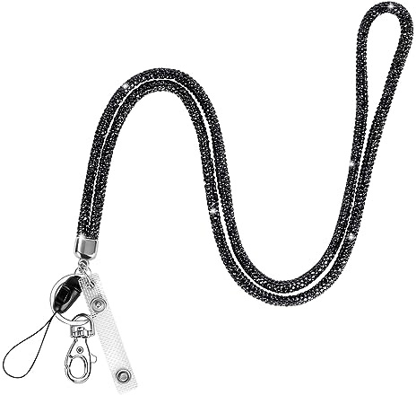 OFFCUP Nyckelband, halsrem, kristallsnodd, bricka nyckelband nyckelring med hummerlås avtagbar nyckelband bling infällbar ID-bricka hållare för ID-bricka hållare nycklar telefon (svart)