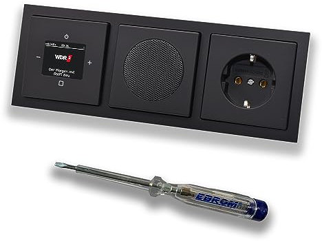 Busch Jäger DAB+ (DAB PLUS) UnterputzRadio 8215U-101 Future Anthrazit, Komplett-Set mit Lautsprecher, Abdeckungen, Steckdose mit Kinderschutz, Rahmen + EBROM Phasenprüfer zur Montage d. Geräte - 8215U