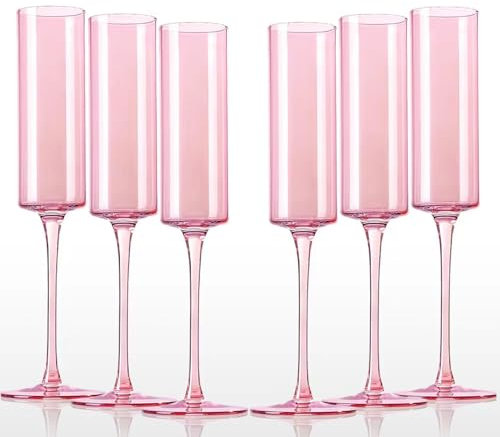 comfit Pink Champagne Flutes Glass set of 6-6.5oz Square Champagne Glasses- Stemmed Coupes Reusable - Colored Champagne Glasses For Engagement Birthday Party Wedding Anniversary