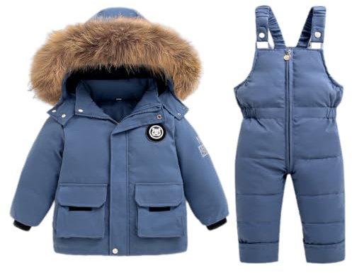 Bambino Tuta da Neve Inverno 2 Pezzi Piumino Giacca Cappotto con Nevicare Bavaglino Pantaloni Ragazzi Ragazze Tuta da Sci Vestiario Blu 2-3 Anni