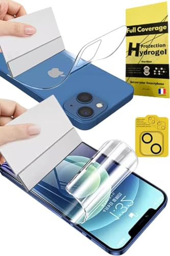 WardSan [2 pezzi per iPhone 15-2 pellicole di protezione idrogel anteriore e posteriore 3D con vetro temperato fotocamera + supporto per selfie | antiurto | compatibile cover | Pellicola protettiva in