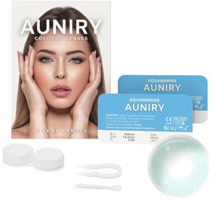 AUNIRY Lenti a Contatto Colorate Azzure Naturali AQUAMARINE: Kit Completo (2 Lenti Colorate Annuali Non Graduate, Pinzetta, Applicatore e Portalenti), Adatte per Occhi Scuri e Senza Gradazione