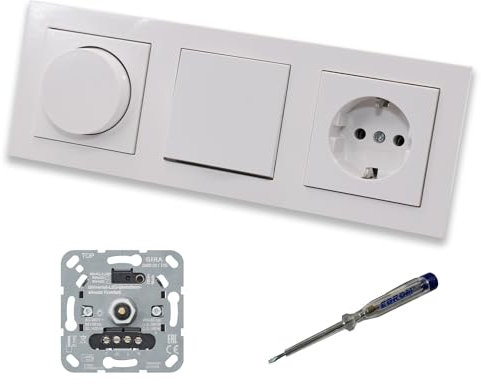 GIRA 245500 LED Drehdimmer Dimmer + Dimmerscheibe Zentralscheibe 065003 + Kreuzschalter 010700 + Steckdose 418803 Gira E2 reinweiß glänzend + EBROM Phasenprüfer zur Montage der Geräte