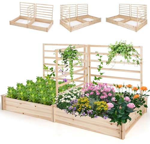 GiantexUK Garden Planter with Trellis, 300L/600L Wood Raised Garden Bed with 2 Compartments, Outdoor Elevated Flower Pots Planting Box for Climbing Plants Vine Vegetables Herbs (3 Trellises, 600L)