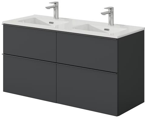 Bernstein Badmöbel-Set Lavoa 120cm bestehend aus Doppel-Waschbecken und Unterschrank mit 4 Schubladen, Waschbeckenunterschrank in Anthrazit, Griff Anthrazit - 5 Jahre Garantie - Waschtisch in Weiß