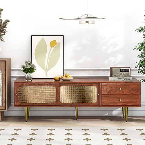 Stilvoller TV-Ständer mit Nussbaum und dunklem Kunststoff - 2 Schubladen, 2 Rattan-Schiebetüren, 4 Ablagefächer, 160*40*60 cm