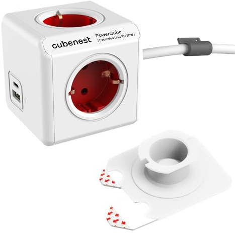 Cubenest Power Cube Extended Steckdosenwürfel USB PD 20W mit USB-A & USB-C Anschlüssen | 1.5m Kabel, Schuko Typ F | Mehrfachsteckdosen Schnellladefunktion für DE/at/NL/SWE/FI/ESP/PT/HR/SI/HU (Rot)