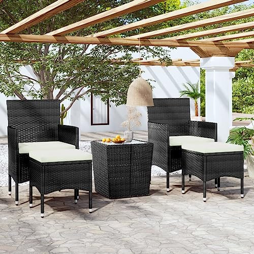 Homgoday Bistro-Set für Garten, 5-teilig, Polyrattan, gehärtetes Glas, Schwarz, Tisch und Stühle für den Außenbereich, Gartenmöbel, Gartenmöbel-Set jj
