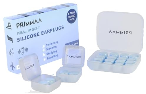PRIMMAA - 8 pares de tapones reutilizables para dormir, 27 DB SNR de silicona suave con cancelación de ruido, tapones para los oídos impermeables y moldeables con cera para nadar, estudiar y viajar