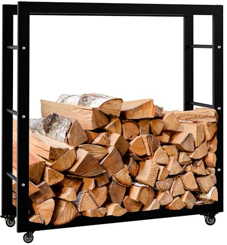 CLP Kaminholzständer Keri mit Rollen I Kaminholzregal aus schwarzem Metall I Aufbewahrung für Brennholz, Farbe:schwarz, Größe:25x80x80 cm