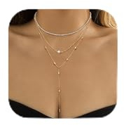 Kakonia Damen 14K Gold/Silber Edelstahl Layering Kette mit Anhänger aus Zirkon - Wasserfest, Schlangen Kette, Lang Damen Perle Y Kette Choker - GP
