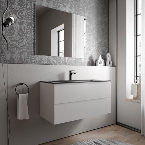 BERNSTEIN Badmöbel-Set AVA 100cm bestehend aus Mineralguss-Waschbecken mit Unterschrank in Weiß matt, Waschtisch Cream - Schwarz matt mit Hahnloch, Ideal für mittelgroße Bäder und Badezimmer