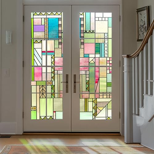 3D Stained Glass Window Privacy Film, Heat Control UV Blocking Static Cling Decorative Window Film for Bathroom,Front Door,Home Non Adhesive 16.9 x 39.3 inches Colorful Abstraction