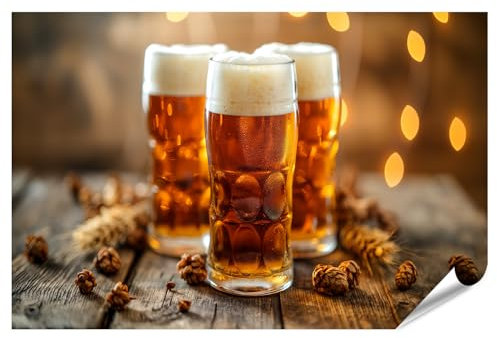 islandburner XXL Bild Poster Zwei Biergläser auf Holztisch mit Schaum Herbstlaub Tannenzapfen Oktoberfest Premium Bilder Fotodruck