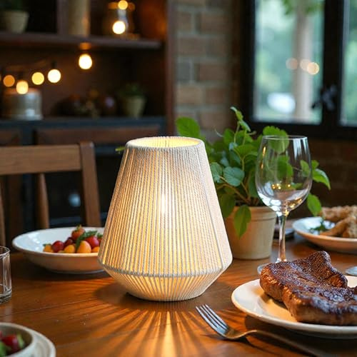 JHY DESIGN Woven Lampshade Table Lamp 21cm High Cotton Rope Bedside Light‌ Cordless Decorative Battery Lamp with 6 Hours Timer for Bedroom Living Room Weddings Parties Patio Events