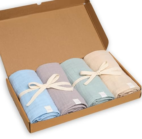 Livella 4er Mulltücher Baby – doppellagig aus 100% Bio-Baumwoll-Musselin | mit Geschenkbox, 65 x 65 cm, saugfähig, atmungsaktiv, maschinenwaschbar, OEKO-TEX 100, als Spucktuch, Stilltuch & Unterlage