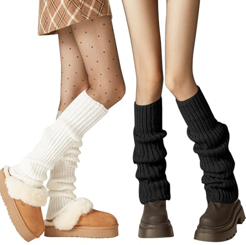 2 pares de calentadores de piernas, calentadores de piernas de punto acanalado de los años 80 para mujeres y niñas, calentadores de piernas en blanco y negro para damas para ballet Y2K, baile,