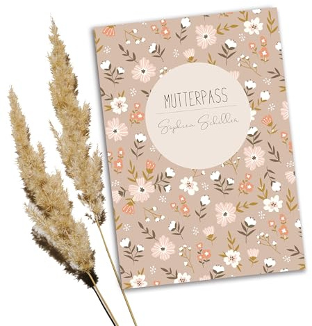 Minilino premium Mutterpasshülle personalisiert - Geschenk zur geburt/Schwangerschaft (3-teilige personalisierte Mutterpasshülle, Blumenkind rose)