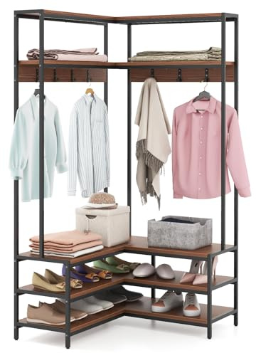 COSTWAY L-Shaped Clothes Rack, Corner Hall Tree Coat Rack with Shoe Storage Bench, Shelves and 7 Hooks, Metal Frame Freestanding Garment Coat Stand for Hallway Entryway Bedroom (Walnut+Black)